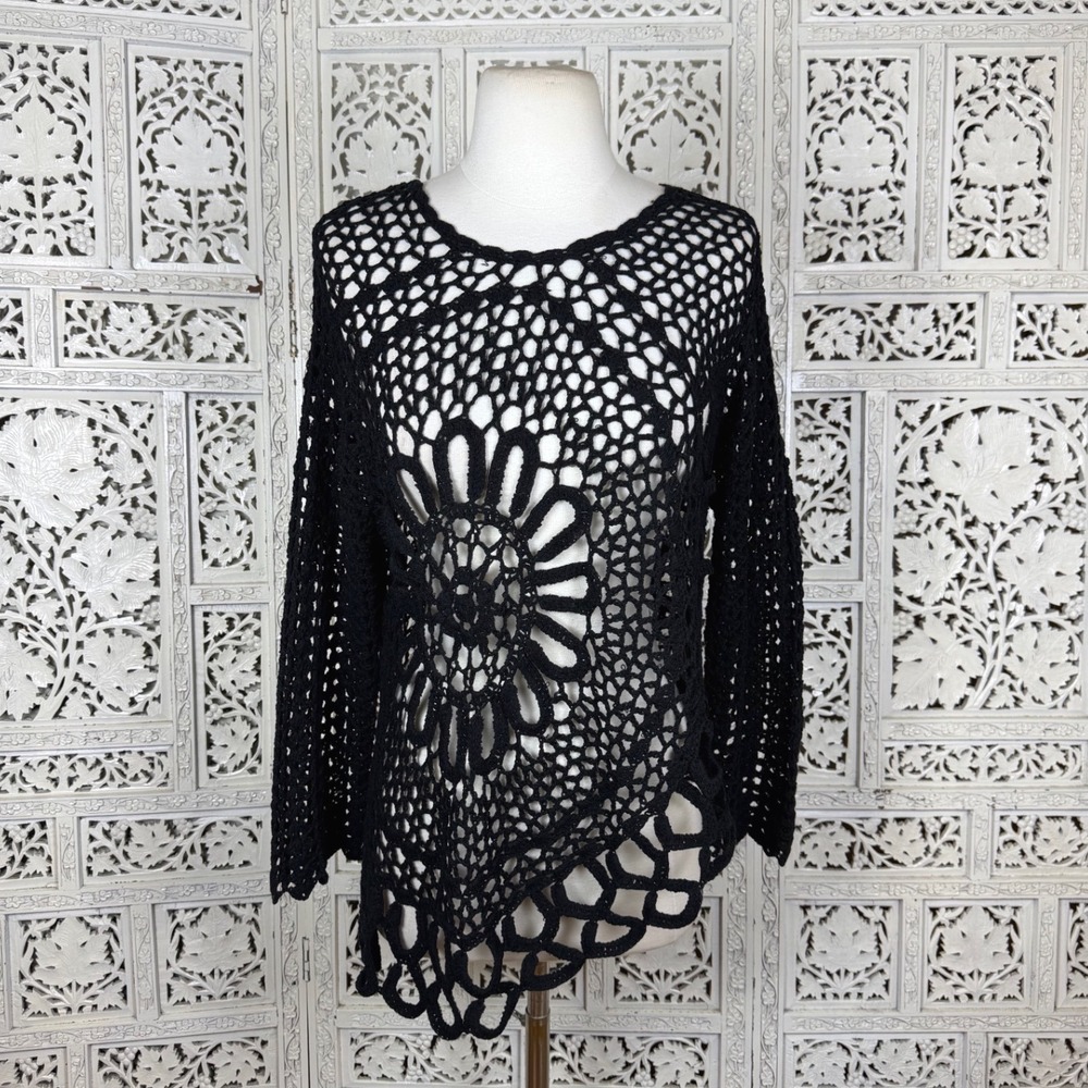 Vtg Y2K Black Crochet Open Knit Asymmetric Cover Up Sweater Sz Large Festival